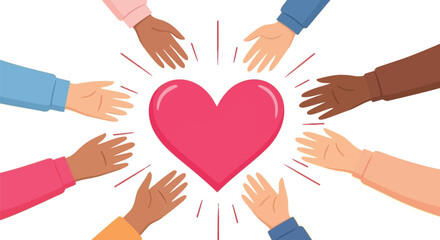 Diverse hands reaching towards a glowing heart symbolizing unity, love, and community support for a brighter future