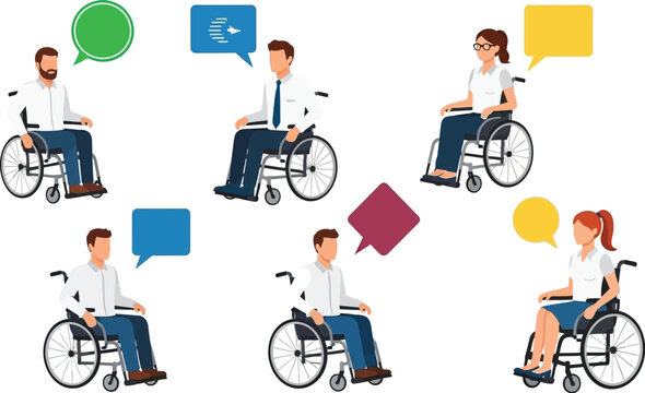 Diverse group of people in wheelchairs actively communicating and sharing ideas, promoting inclusion and collaboration in modern workplaces.