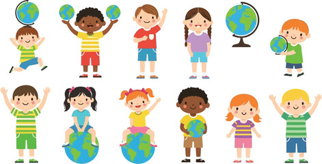 Vibrant diverse children joyfully interacting with globes symbolizing global awareness and education for a brighter future
