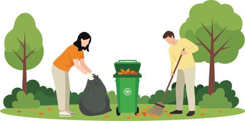 Dedicated couple diligently cleans park yard, raking leaves into bin, fostering community pride and environmental care