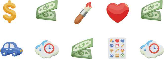 Finance, cloud, car, heart, dollar, icon set, vector symbols, emoji grid, colorful design, flat illustration, business, time, money, creative, graphic, modern, minimal, web, UI, infographic