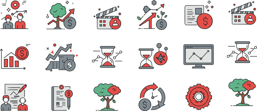 Finance icons, business growth, productivity tools, time management, flat vector, economic strategy, analytics symbols, red theme, infographic elements