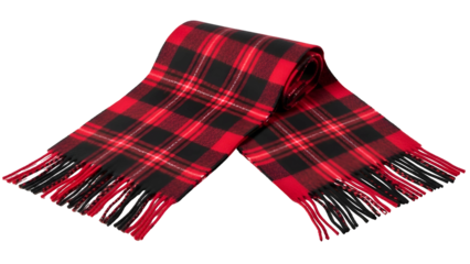 Warm woolen accessory featuring a striking red and black plaid pattern is displayed against a deep black background.