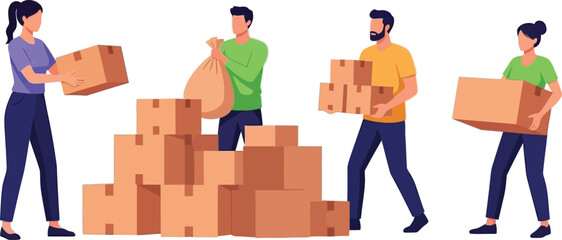 Team efficiently packing and moving boxes, a dynamic illustration of logistics and delivery services in action