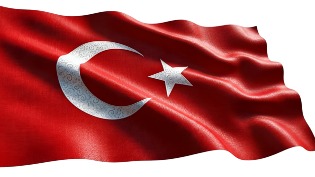 National banner featuring a prominent crescent and star motif waves dramatically against a dark background