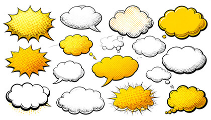 Dynamic assortment of hand-drawn comic style speech bubbles and thought clouds, offering versatile graphic elements for expressing dialogue, ideas, and reactions in designs