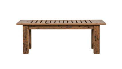 Rustic wooden bench featuring slats on the seat surface isolated against a dark background
