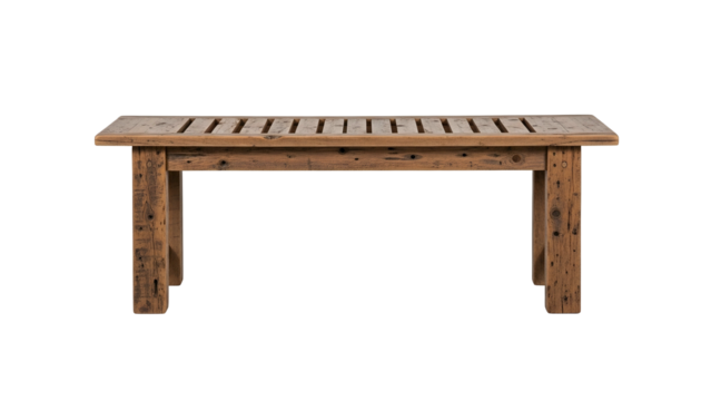 Rustic wooden bench featuring slats on the seat surface isolated against a dark background