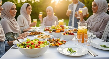 Family dining at a restaurant table enjoying a delicious dinner meal with healthy food