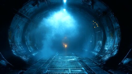 Mysterious futuristic tunnel with glowing lights and fog - Powered by Adobe