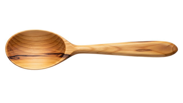 Natural wooden cooking utensil rests horizontally against a solid black background