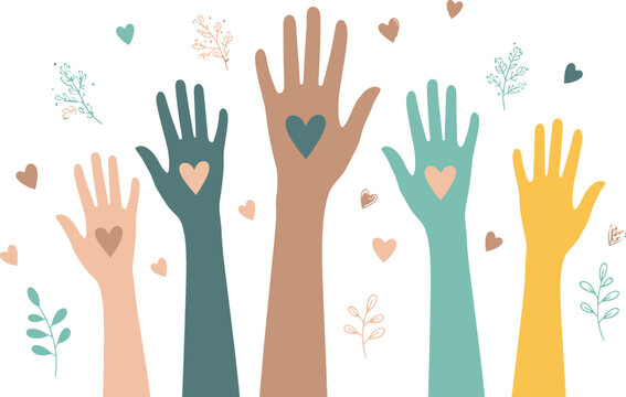 Diverse hands raised with hearts symbolizing unity, support, and community spirit in a vibrant, inclusive celebration of togetherness