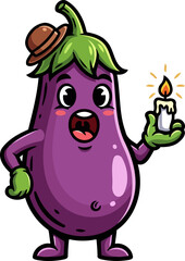 Fototapeta premium charming eggplant figure discovers inner light, holding a magical illuminating candle, isolated on transparent background