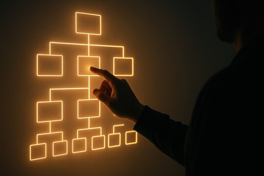 Individual interacting with a glowing organizational chart on a wall, symbolizing data visualization and decision-making processes in business or project management.