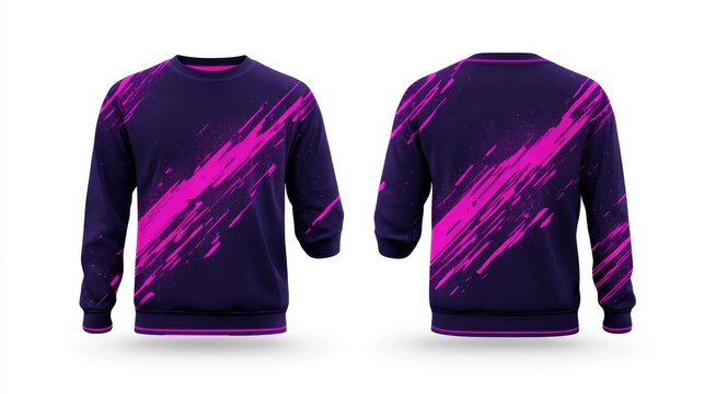 3D long-sleeve jersey in deep purple with pink neon glitch effect brush strokes, cyberpunk style, t-shirt mockup, on white background,