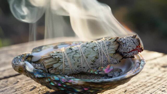 Burning White Sage in Abalone Shell With Smoke on Wood Surface