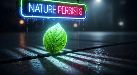 A vibrant green leaf with water droplets resting on a wet surface beneath a neon sign that reads 'Nature Persists' in bright colors, emphasizing environmental resilience and sustainability