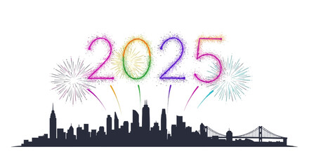 Fototapeta premium 2025 fireworks over a city skyline at night with buildings and a bridge in silhouette