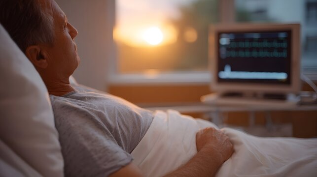 Elderly man in hospital bed watches a hopeful sunset with vital signs monitor nearby - Powered by Adobe