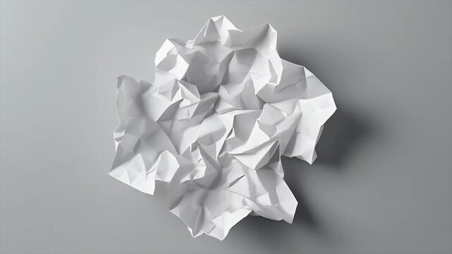 A crumpled piece of white paper with many creases and shadows on a plain grey background, viewed from above.