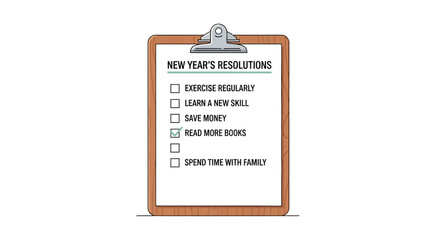 A clipboard with New Years Resolutions checklist Read More Books is checked