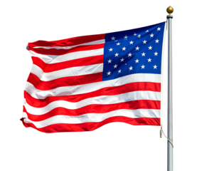 A vibrant shot of a flag, featuring red and white stripes and a blue canton with white stars, waving from a pole against a black background