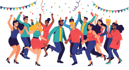 A joyful group dances under confetti wearing party hats and colorful attire