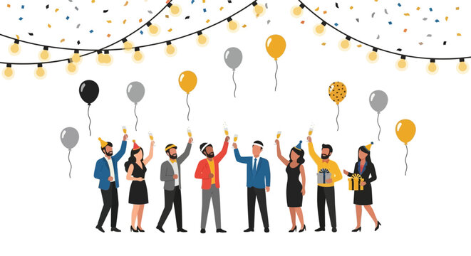 A group of people celebrating with balloons confetti and lights strung overhead