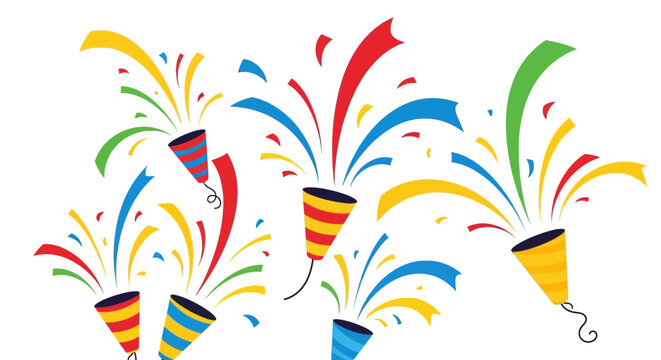 Confetti cannons explode with colorful streamers on a white background