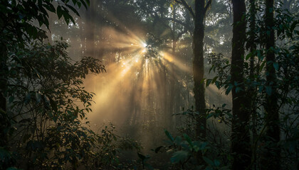 Golden sunbeams pierce through the dense forest canopy, illuminating the misty undergrowth with a warm, ethereal glow.
