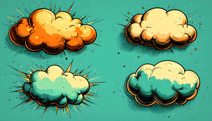 Vibrant cartoon explosion clouds and stylized smoke effects set in a dynamic pop art style, perfect for comic book designs and energetic visual projects