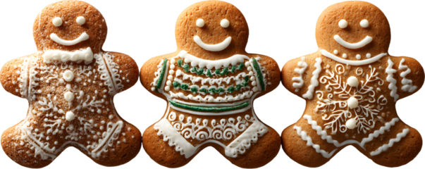 Set of gingerbread Christmas men. Christmas cookies in the shape of a person. Isolated on a transparent background.