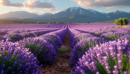 Fototapeta premium Vast lavender fields stretching towards distant mountains under a beautiful sky at sunset, showcasing rows of vibrant purple flowers.