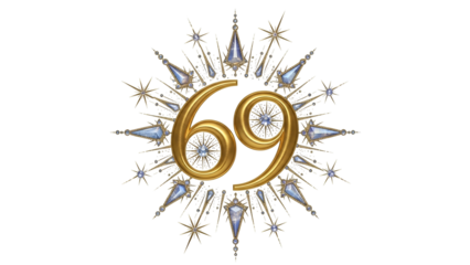 Ornate golden numeral sixty nine surrounded by sparkling crystalline starburst ornamentation on a black background