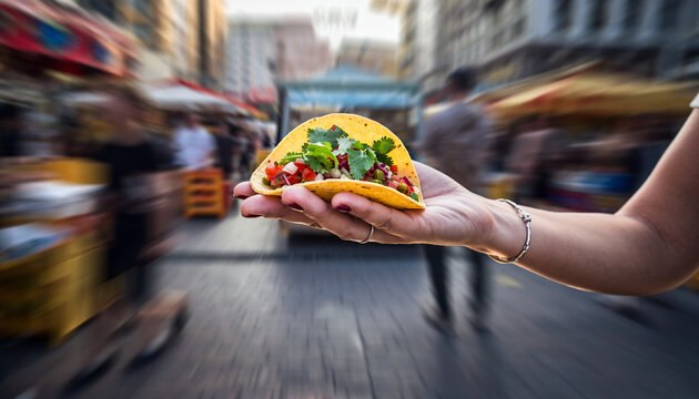 A person's hand holds a delicious, freshly prepared taco with vibrant toppings against a blurred background of a busy street food market.