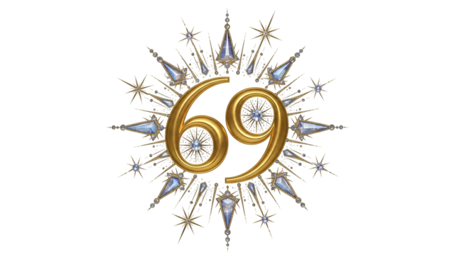 Ornate golden numeral sixty nine surrounded by sparkling crystalline starburst ornamentation on a black background - Powered by Adobe