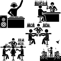 Stick Figures of DJ, Bartender, and Party People Vector
