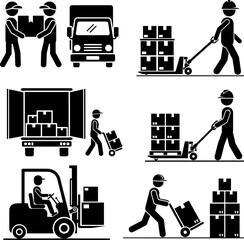Warehouse Shipping and Freight Service Stick Figures Vector