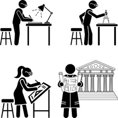 Architect Working on Blueprint and Classical Building Vector