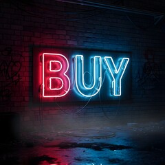 A vibrant neon sign displaying the word 'BUY' in red and blue colors against a dark brick wall background, creating a modern and eye-catching visual effect