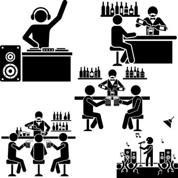 Stick Figures of DJ, Bartender, and Party People Vector