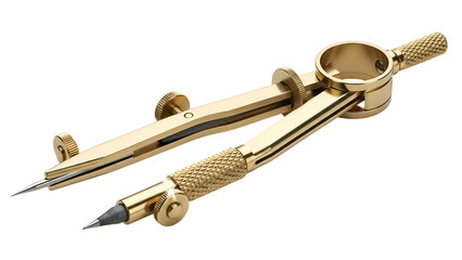 Polished brass drafting compass with lead attachment rests against a solid black background