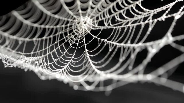 Macro Photography of Spider Web with Water Droplets on Black Background: Nature's Translucent Patterns and Delicate Textures in Close-Up Wildlife Artistry