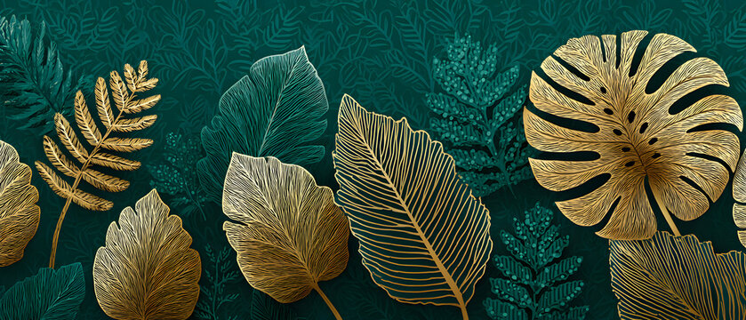 Luxury golden art deco wallpaper. Nature background vector. Floral pattern with golden split-leaf Philodendron plant with monstera plant line art on green emerald color background - Powered by Adobe