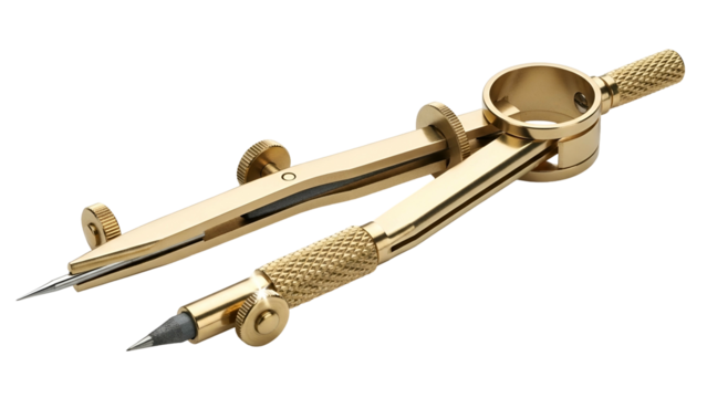 Polished brass drafting compass with lead attachment rests against a solid black background
