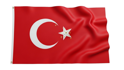 Waving national banner featuring a crescent and multiple stars rendered with fabric texture against a dark background