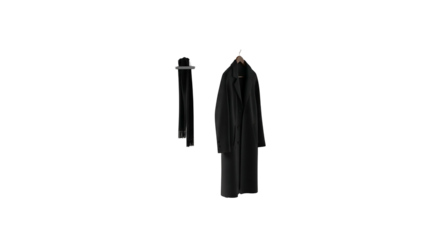 Dark overcoat and garment bag hang against a solid black background