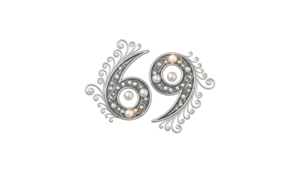 Ornate silver numeral sixty nine embellished with luminous pearls against a dark background