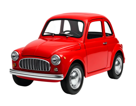 A vibrant, small, red, classic car isolated on a transparent background, showcasing its round shape, chrome details, and tires