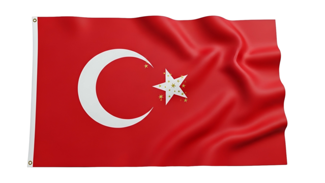 Waving national banner featuring a crescent and multiple stars rendered with fabric texture against a dark background